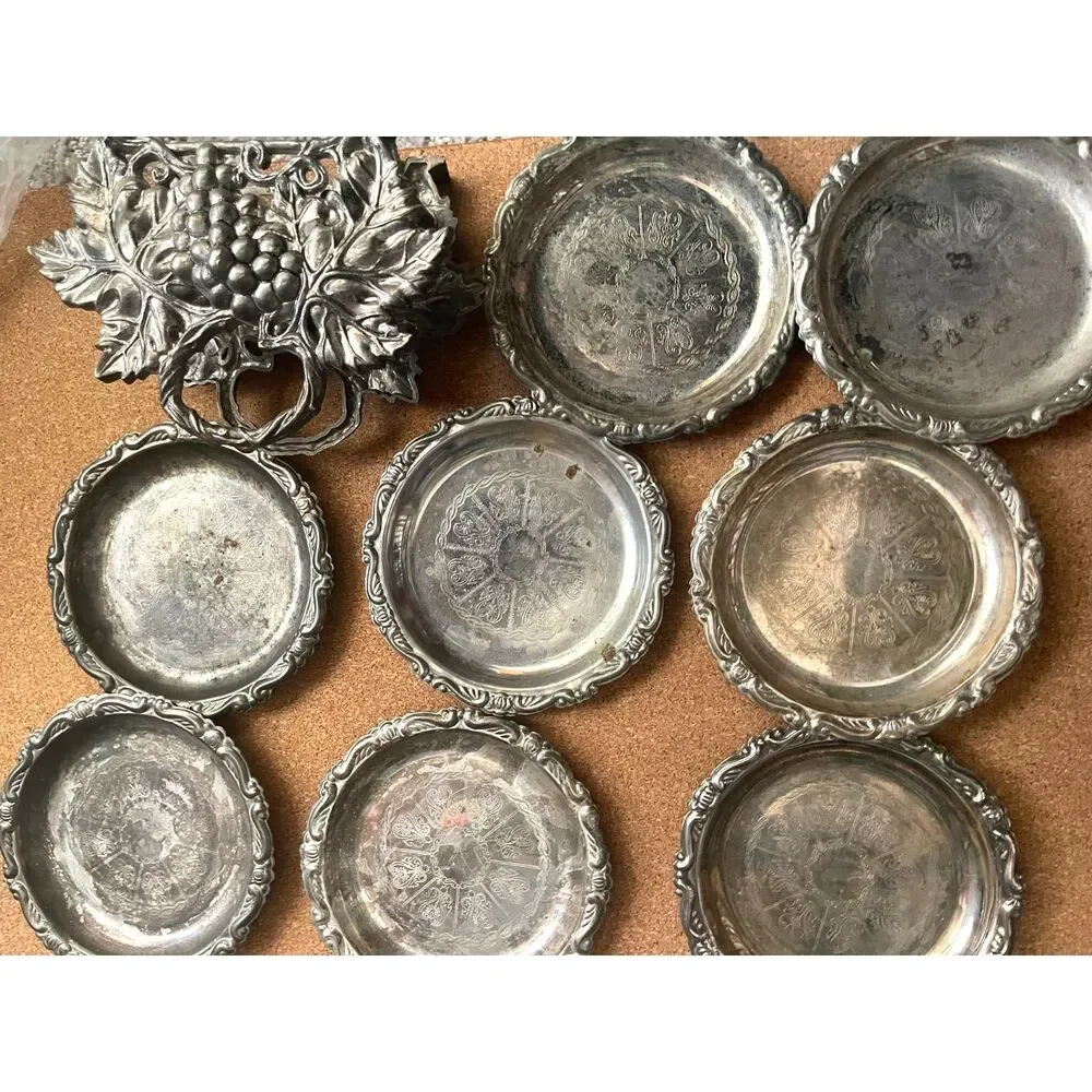 Vintage Silver Plated Grape Vine Coasters & Holder Set of 9, 1 New Scalloped 4